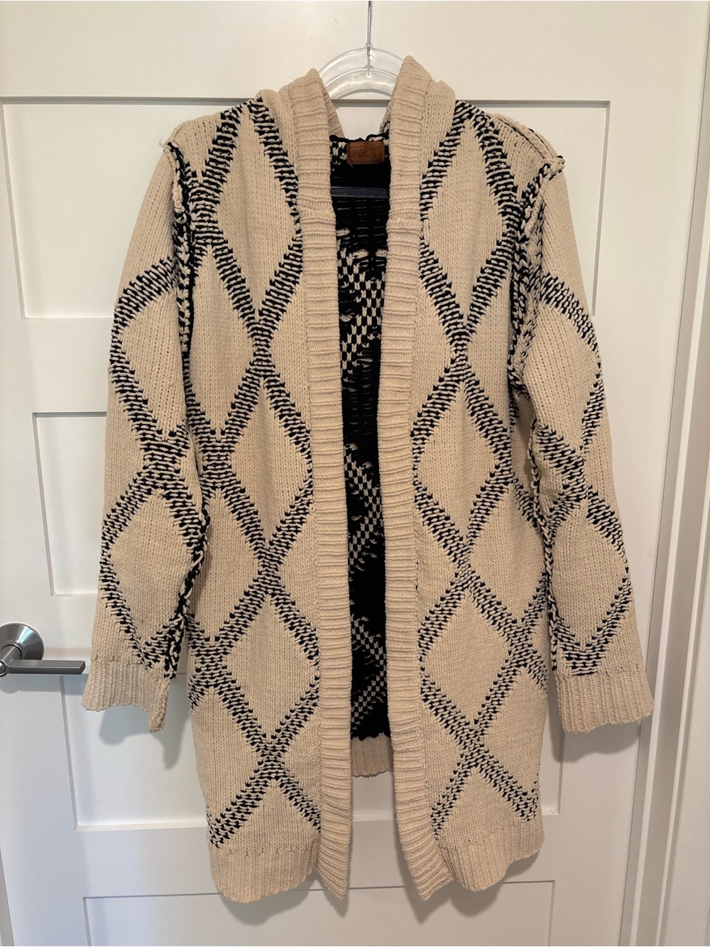 POL Knit Hooded Long Cream and Black Open-Front Diamond Knit Cardigan